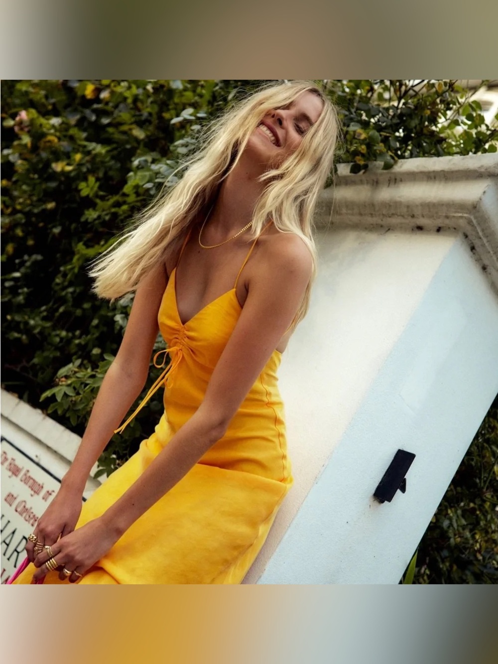Zara Sz Small Yellow Orange Satin Strappy Flowy Midi Slip Dress Ruched Chest